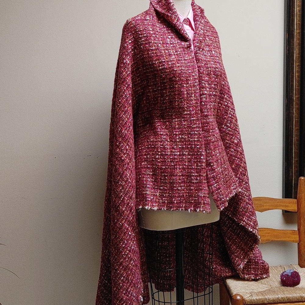 Vintage Wool Boucle Checkered Fabric on Burgundy Pink Cognac and White
